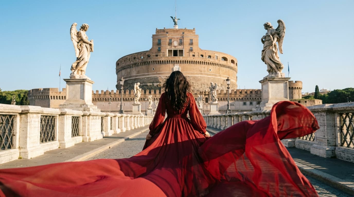 Flying dress photo on Ponte Sant'Angelo bridge during the day