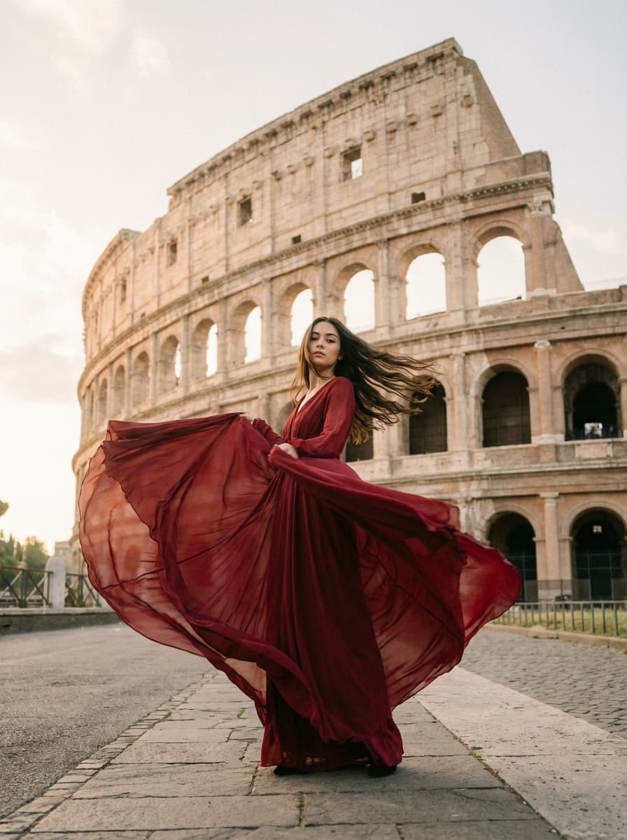 Flying dress photoshoot at the Colosseum, Rome - red flowing dress at golden hour