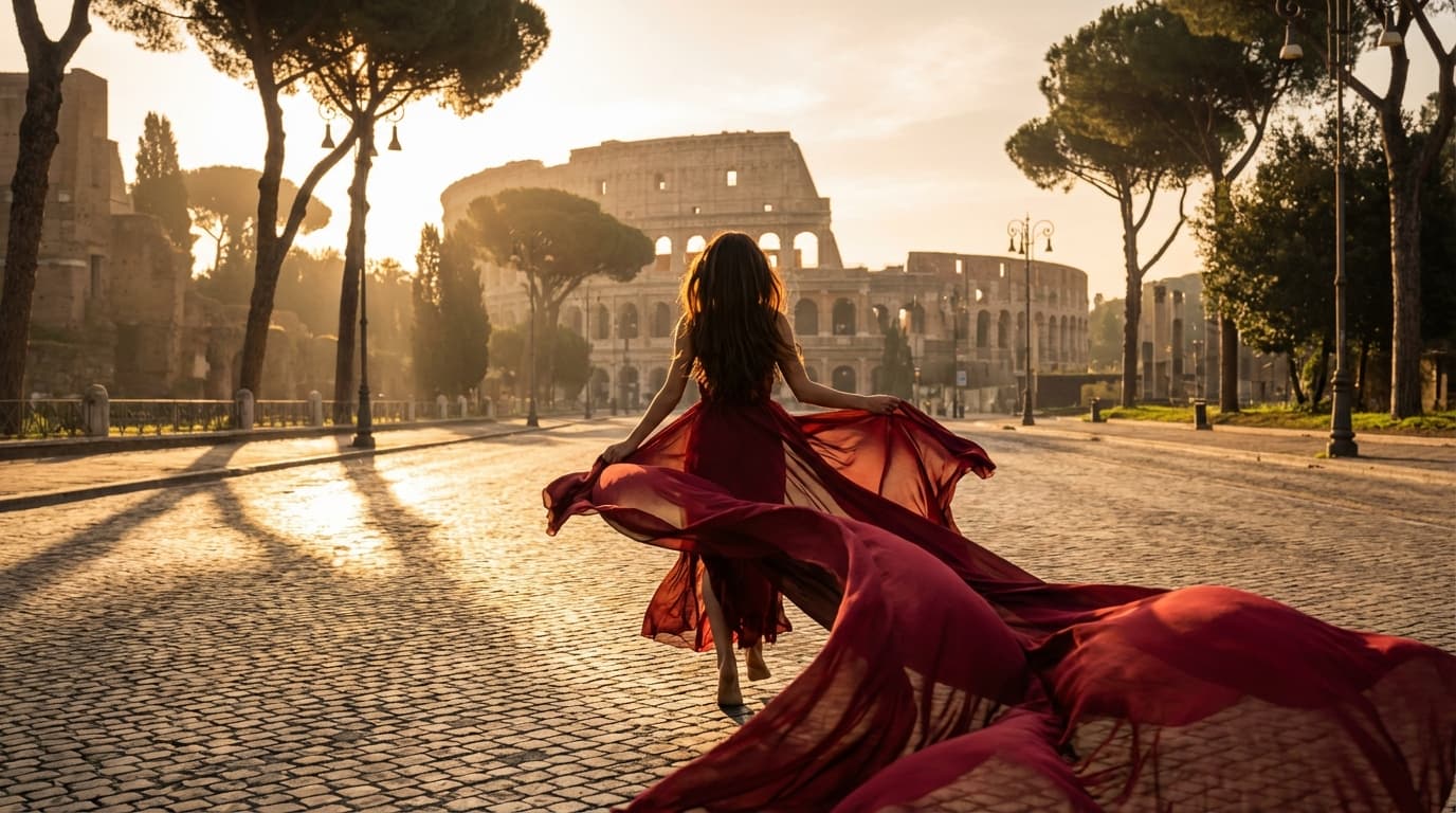 Flying dress photoshoot at Roman Forum, Rome - woman running towards the Colosseum at sunrise