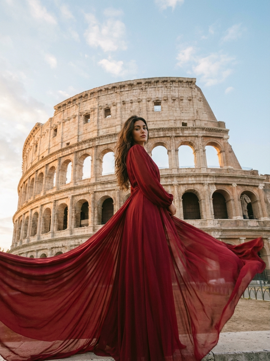 Servizio flying dress al Colosseo nella luce del mattino